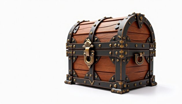 Wooden treasure chest with metallic accents on a white background
