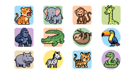 Fototapeta premium Set of twelve minimalist digital pixel art icons featuring various wild animals designed for gaming and mobile applications