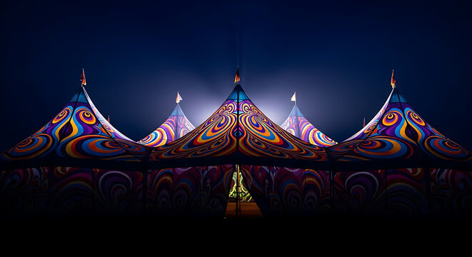 Psychedelic patterned circus tent illuminated against dark night sky during outdoor event