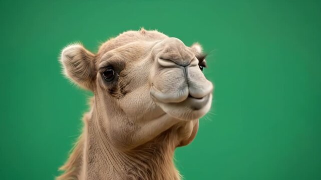 A close up portrait of a dromedary camel isolated against a green background