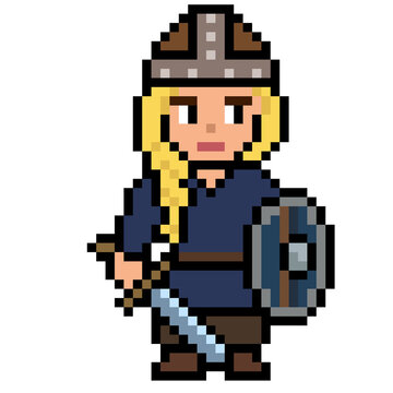8-bit pixel art blonde viking woman shieldmaiden in blue tunic holding sword for 2d game asset