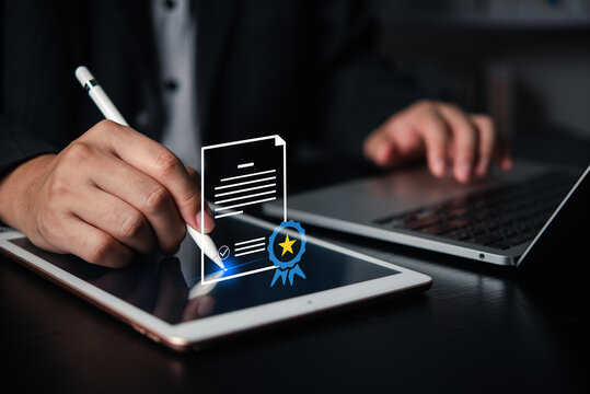 Businessman hands using stylus for electronic signature on digital contract hologram