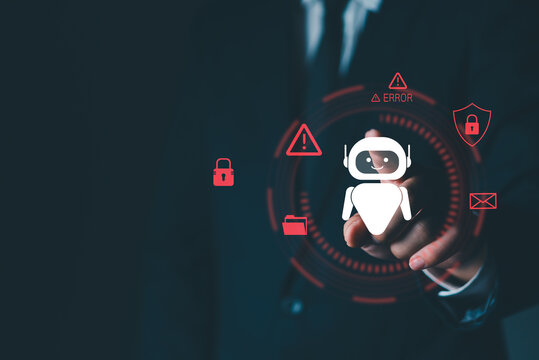 Businessman touching red AI robot error hologram for cybersecurity threat concept