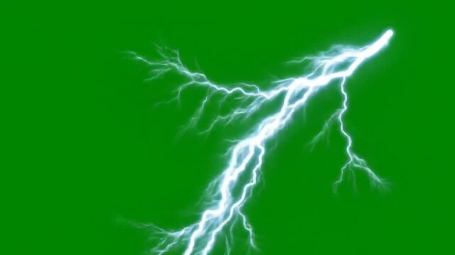 Bright white electric lightning bolt flashing against a green screen