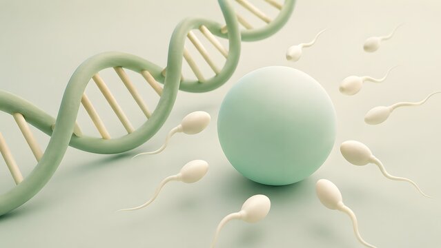 Stylized 3D light green sperm cells swimming towards an egg cell next to dna helix. Concept of human reproduction science, genetic in vitro fertilization, and clinical embryology.