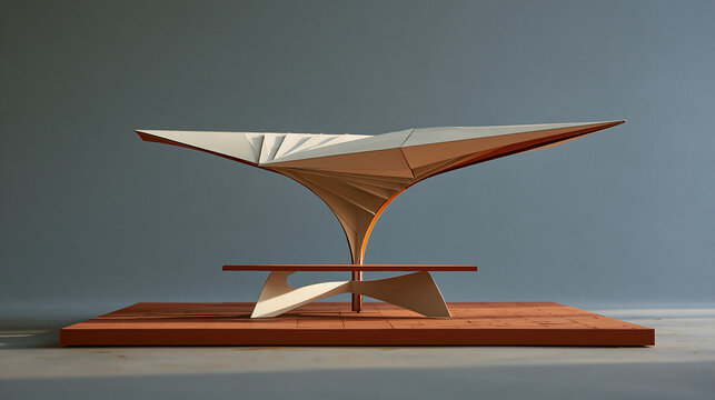 Abstract architectural sculpture of a cantilevered roof structure on a terracotta base