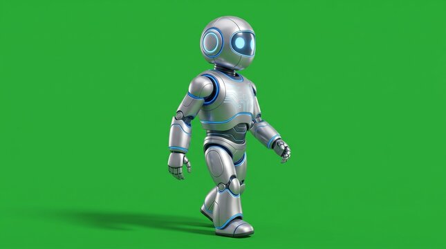 Futuristic silver humanoid robot walking isolated on a green screen background