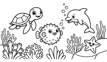Fototapeta premium Happy ocean sea animals coloring page for kids featuring cute cartoon turtle dolphin blowfish and coral reef simple line art vector printable sheet