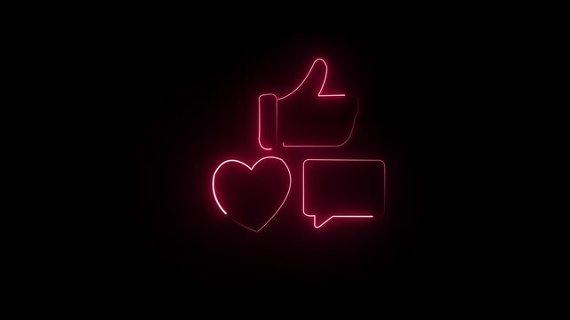 Neon like and heart icon with thumbs up gesture on dark background