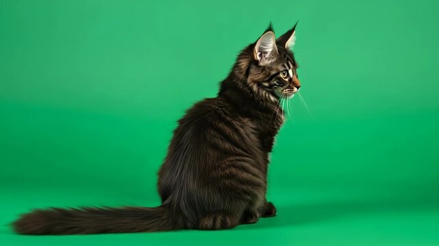 A fluffy maine coon kitten sitting gracefully against a vibrant green backdrop