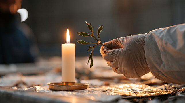 A recycling sorter in protective gloves holds up a single mistletoe sprig found among sorted materials on a candlelit sorting station, the isolated object glowing against the dark