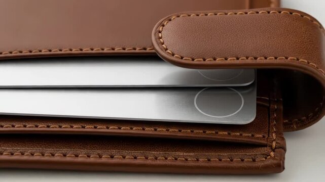 Minimalist silver metal credit cards tucked inside a brown leather wallet