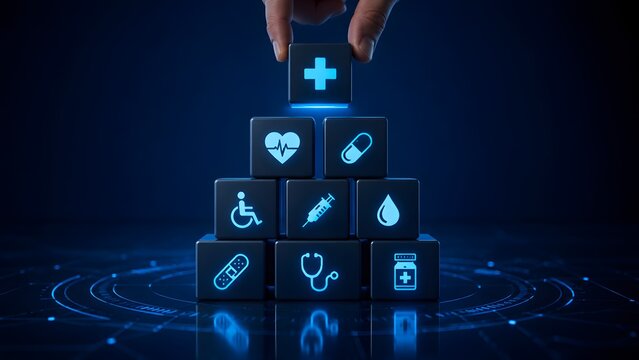 Hand placing a glowing blue block with a medical cross on top of a healthcare icon pyramid. Concept of building cyber hospital insurance, clinical data structure, and wellness foundation.