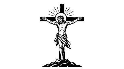 Fototapeta premium Vector illustration of Jesus Christ crucifixion on the cross, black and white Christian symbol