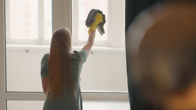 Caucasian woman cleaning window bright apartment, back view with long red hair, yellow rubber gloves and microfiber cloth, wiping glass and removing dust, soft morning light through curtain, radiator
