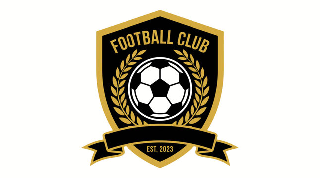 Gold and black football club shield logo vector graphic with a soccer ball and laurel wreath symbol