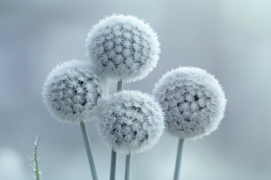 professional studio photo of three silver-grey ball-shaped craspedia flowers, lying horizontally, seamless light pastel blue background, soft diffused