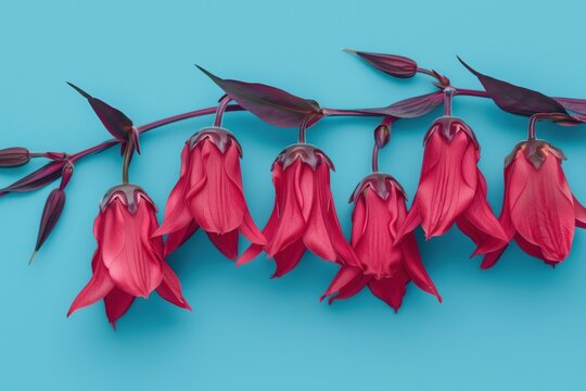 professional studio photo of tiny red bell-shaped flowers on a dark branch, lying horizontally, seamless light pastel blue background