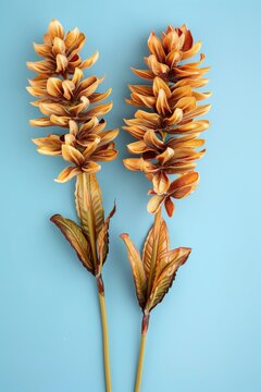 professional studio photo of two lupine flower spikes with unique leaves, standing vertically, seamless light pastel blue background, soft diffused lighting, high detail