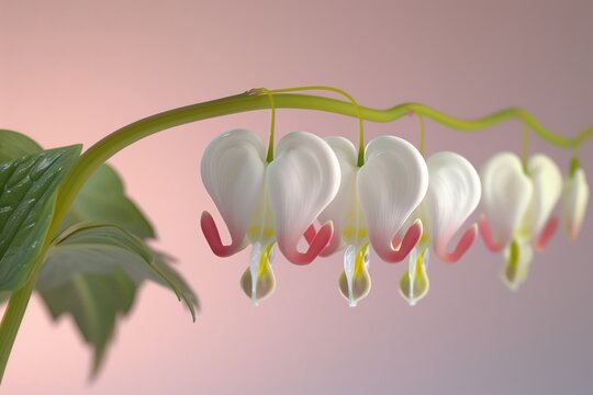 professional studio photo of white heart-shaped bracts with small red flowers emerging, lying horizontally, seamless light pastel pink background, soft diffused lighting, high detail, photorealistic