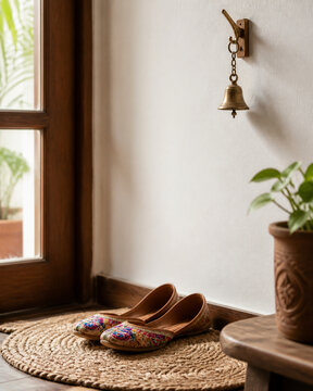 Colorful embroidered jutti shoes on jute mat with brass bell, entryway decor concept