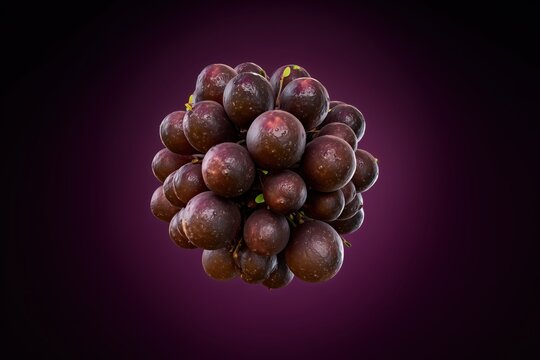 Ultra realistic jabuticaba fruits, small tight clusters, glossy dark-purple skin, top-down flat lay, wide editorial composition