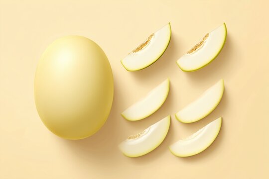 Ultra realistic honeydew melon, whole fruit and sliced wedges, ultra fresh pale juicy flesh, editorial