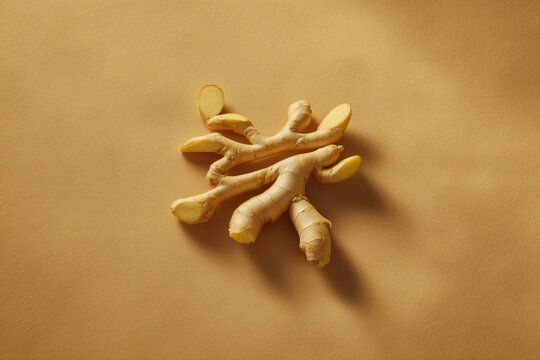 Ultra realistic ginger roots, 3-5 clean pieces, smooth trimmed surface, top-down flat lay, wide clean composition with negative space, solid monochrome