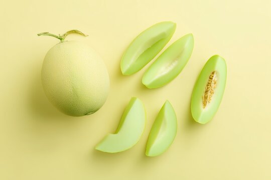 Ultra realistic honeydew melon, whole fruit and sliced wedges, ultra fresh pale juicy flesh, editorial asymmetrical composition with space for text