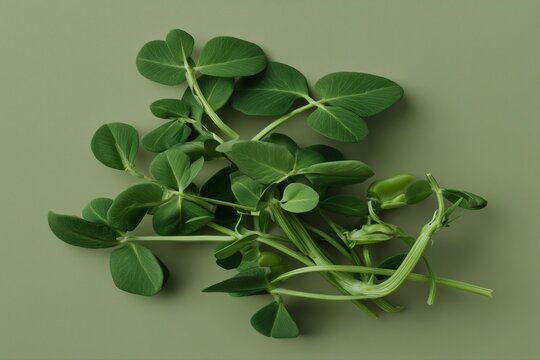 Ultra realistic lentil leaves, small fresh clusters, soft green texture, top-down flat lay, wide editorial composition with negative space, solid monochrome muted green background slightly desaturated