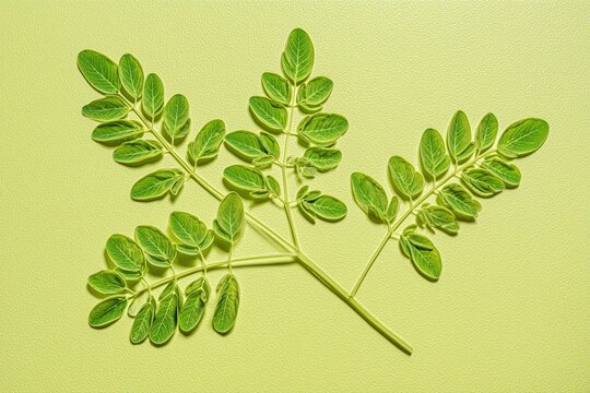Ultra realistic moringa leaves, delicate fresh clusters, crisp texture, top-down flat lay, wide clean composition with negative space, solid monochrome soft green background slightly desaturated