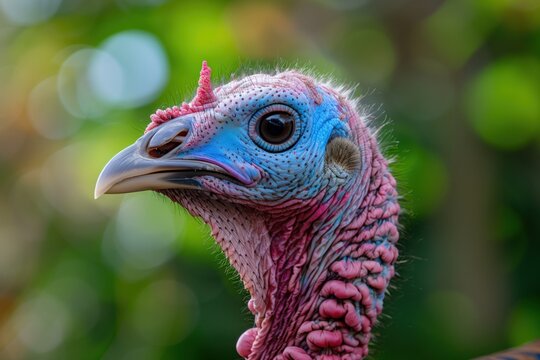 Ultra realistic outdoor close-up portrait photo of turkey face, beak and snood visible, shallow depth of field