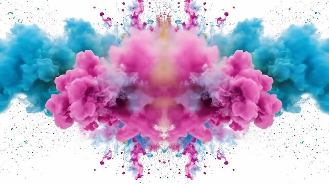 Symmetrical explosion of vibrant ink clouds swirling against a white background