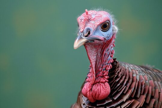 Ultra realistic studio photo of farm turkey, upper body visible, facing camera, isolated on soft warm green studio background