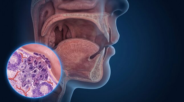 Human oral cavity anatomy sagittal section showing tongue, salivary glands, blood vessels, nerves, teeth and head and neck structures