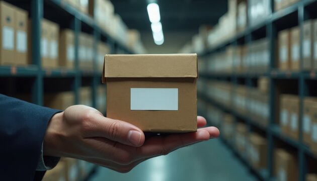 Delivery box in warehouse held by hand with shelves full of packages in background. Delivery process involves storage and organization of packages in warehouse. Concept delivery service and logistics.