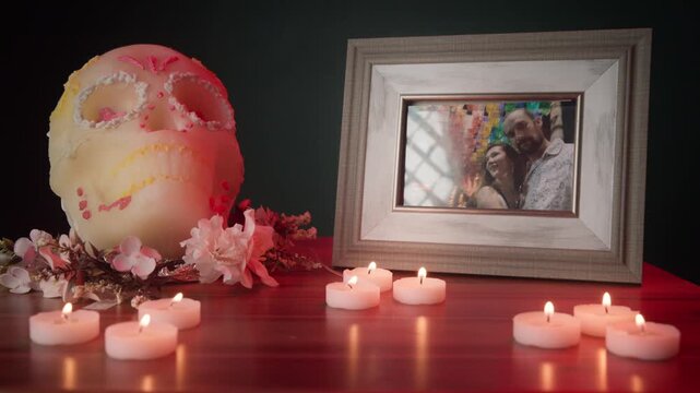 Mexican Day of the Dead Ofrenda with Sugar Skull Candles and Framed Photo of Loved Ones