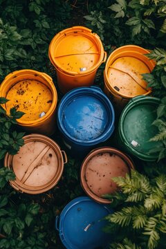 Vertical drone view of waste containers, repetitive urban pattern, vivid colors, sustainability aesthetic --chaos 30 --ar 2:3 --v 6.1 Job ID: c5486e6d-0867-4068-a235-4bc1499b7d68