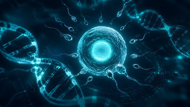 Microscopic glowing blue sperm cells swimming towards an egg cell over dna strands. Concept of genetic in vitro fertilization, human reproduction science, and clinical embryology.