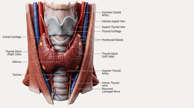 Detailed Medical Infographic of Human Thyroid Gland Anatomy and Parathyroid Glands with Labeled Blood Vessels
