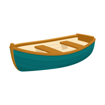 Classic wooden boat teal white brown small vessel for summer water recreation.