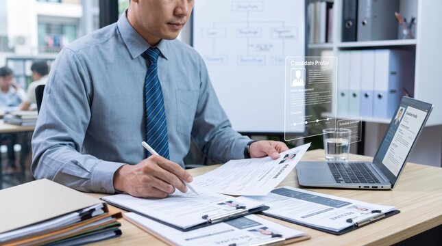 HR manager reviewing candidate profiles and resumes at desk with laptop, recruitment and human resources hiring process concept