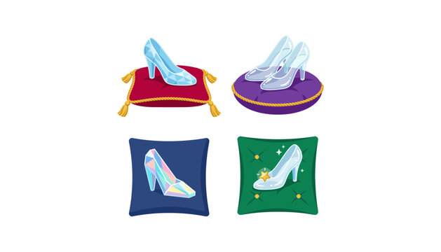  Crystal Glass Slippers on Velvet Pillows Vector Set for Fairytale Magic, Princess Themes, Cinderella Stories, and Fantasy Birthday Party Designs.