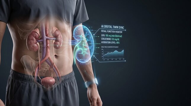 Advanced AI Digital Twin Renal Function Monitor Holographic Interface Displaying GFR and Hydration Metrics