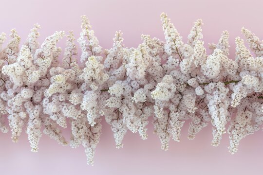 Delicate white cherry blossoms arranged in a soft floral garland on a pastel pink background, elegant spring decoration with a romantic feel