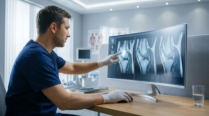 Fototapeta premium Male doctor in blue scrubs and white gloves reviews knee x-rays and MRI scans on large monitor in medical office.