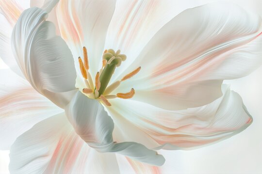 Close-up of a soft white flower with pale pink streaks and delicate petals, isolated on a bright background