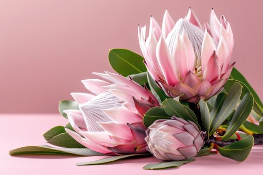 Pink protea flowers with green leaves arranged on a soft pink background, elegant floral still life for decoration, greeting cards and spring themes