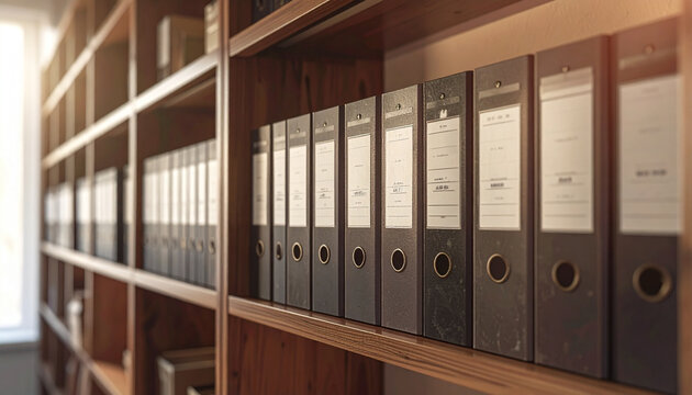 Systematic arrangement of corporate office binders on wooden shelving units for professional data organization and business archive management