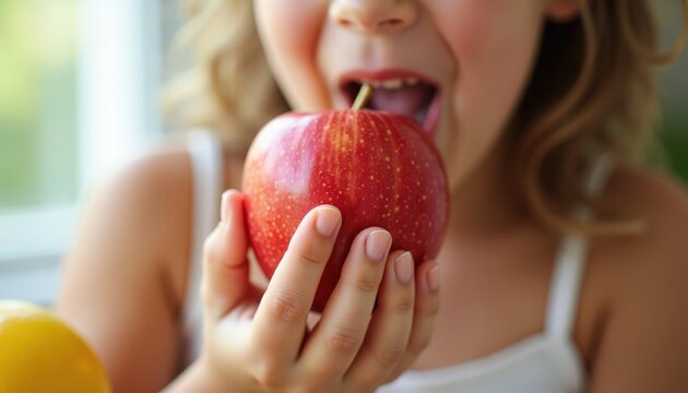 Child eating apple with ripe red fruit held in small hands, closeup of child eating apple showing bite mark, teeth and lips, cheerful mealtime expression and nutritious snack,
